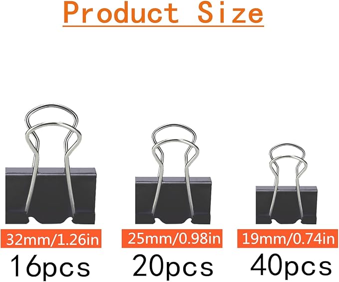76 Pcs Black Binder Clips Paper Clamps Set Assorted Sizes Large Medium Small - Image 2