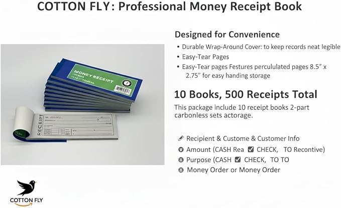 Cotton Fly 10 Pack Pre-Numbered Money and Rent Receipt Book, 2-Part Carbonless - Image 4