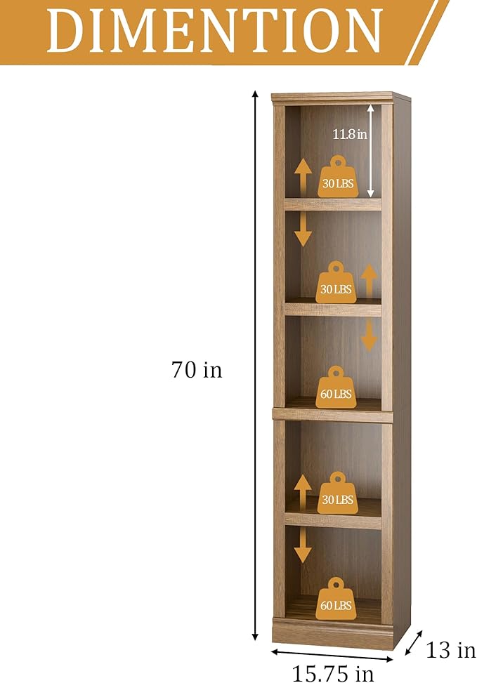 blini 5-Shelf Narrow Bookcase White Wooden Tall Bookshelves Floor Standing - Image 2