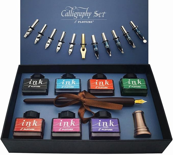 Plotube Calligraphy Pen Set – Includes Wooden Dip Pen, Antique Brass Holder by Unknown