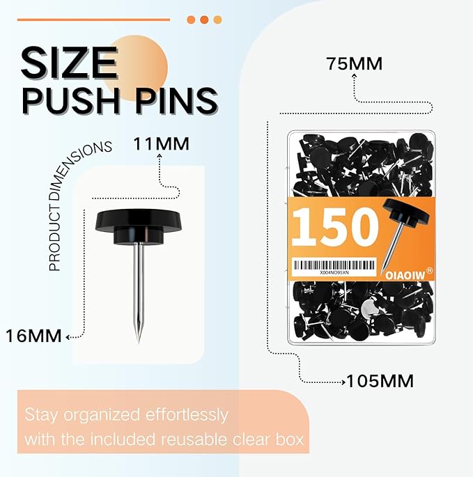 150 PCS Black Flat Push Pins for Wall Thumb Tacks for Walls Flat thumbtacks - Image 6