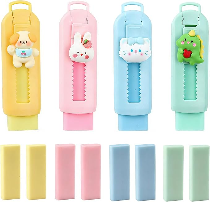 BetterJonny Sliding Retractable Eraser, 4 Color Push Pull Erasers and 8 Refills by BetterJonny