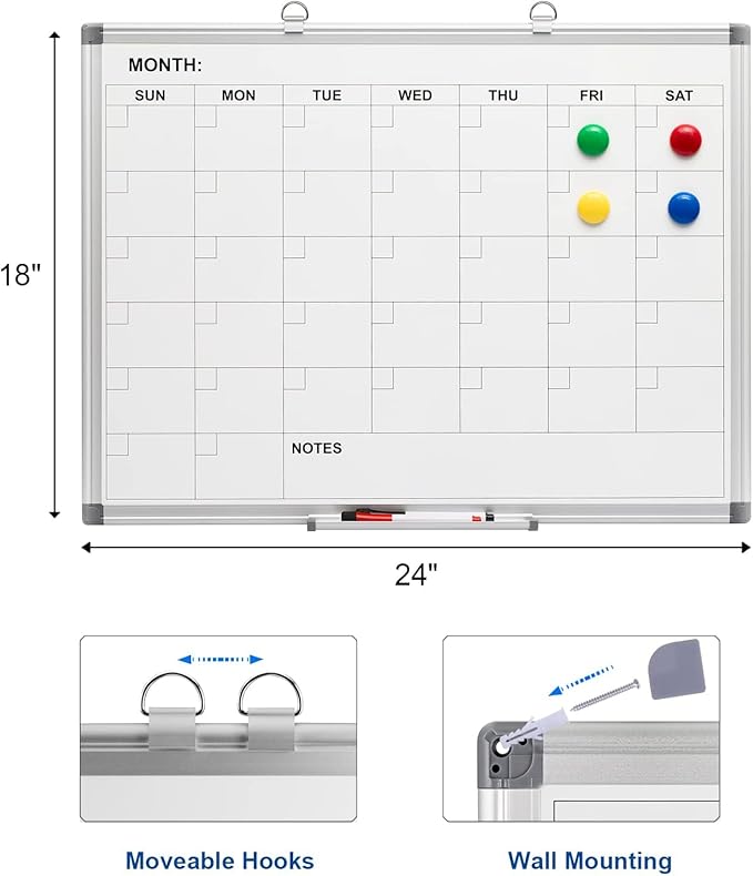 Comix Magnetic Dry Erase Calendar Whiteboard, 24 x 18 Inches Monthly Calendar - Image 2