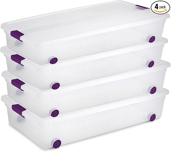 Sterilite 4-Pack 60 Quart ClearView Latch Box, Wheeled Underbed Organizer Bins by Sterilite