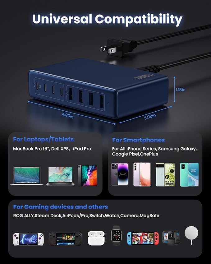 200W USB C Charger Block, GaN IV Charging Station 8 Ports, QC4.0 Fast Charging - Image 3