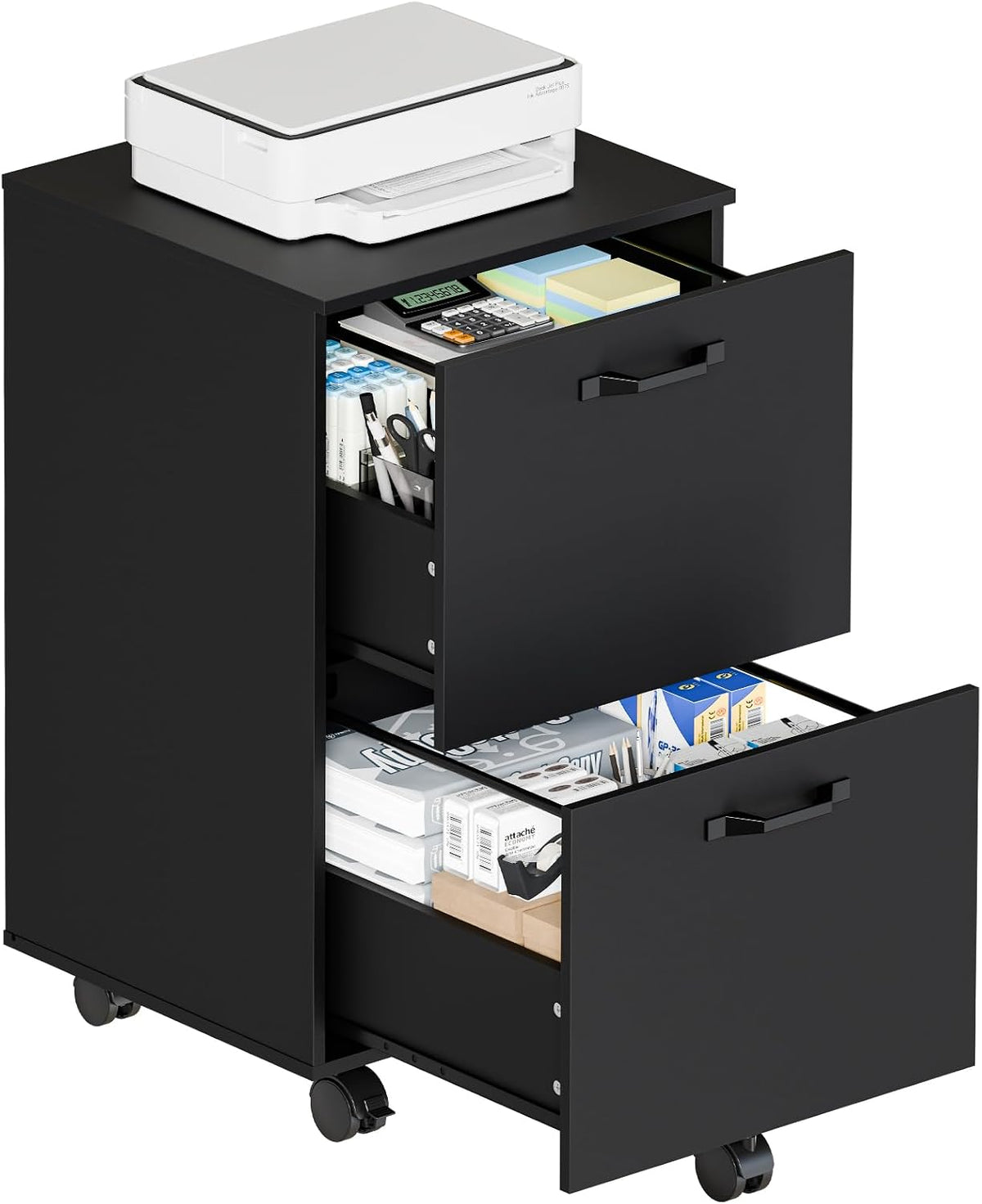 DUMOS 2 Drawer File Cabinet, Rolling Wood Storage Cabinet, Black