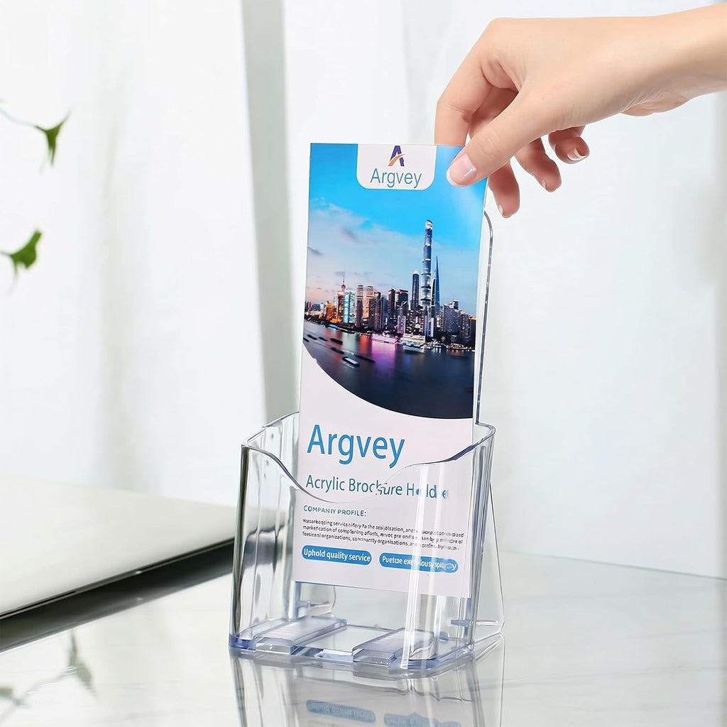 clear 4x9 trifold brochure holder, acrylic rack card shown in use