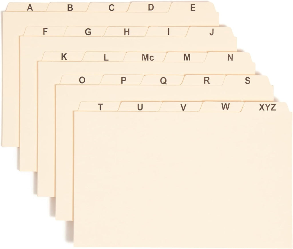 Smead Card Guide, Plain 1/5-Cut Tab (A-Z), 8"W x 5"H, Manila, 25 per Set (57076)