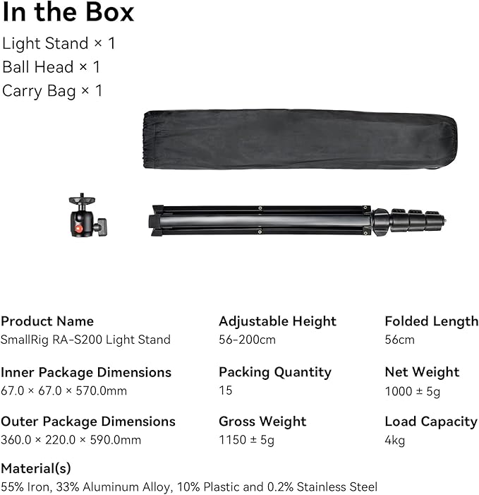 SMALLRIG RA-S200 Light Stand for Photography, 78.7" / 6.6ft / 200cm, Aluminum - Image 9