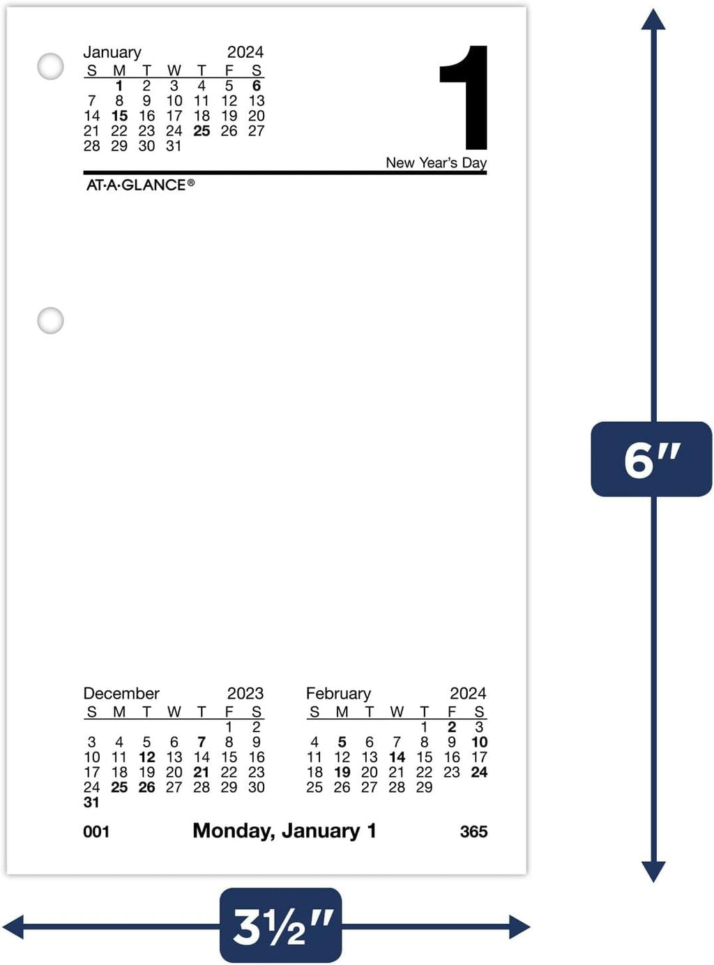 AT-A-GLANCE 2024 Daily Desk Calendar Refill, 3-1/2" x 6", Standard, Loose-Leaf (E7175024)