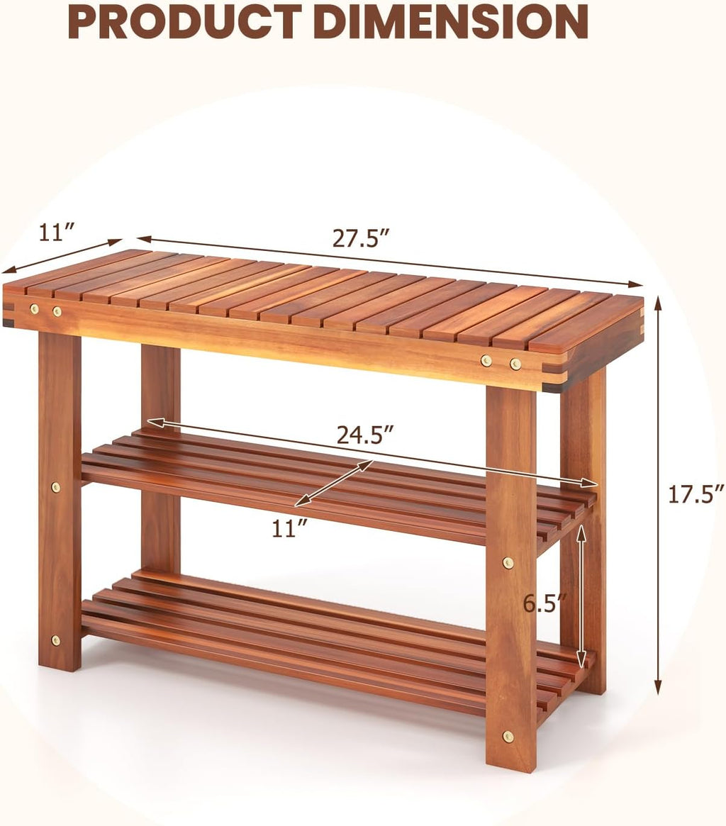 tangkula acacia wood 3-tier shoe rack bench, walnut, close-up detail