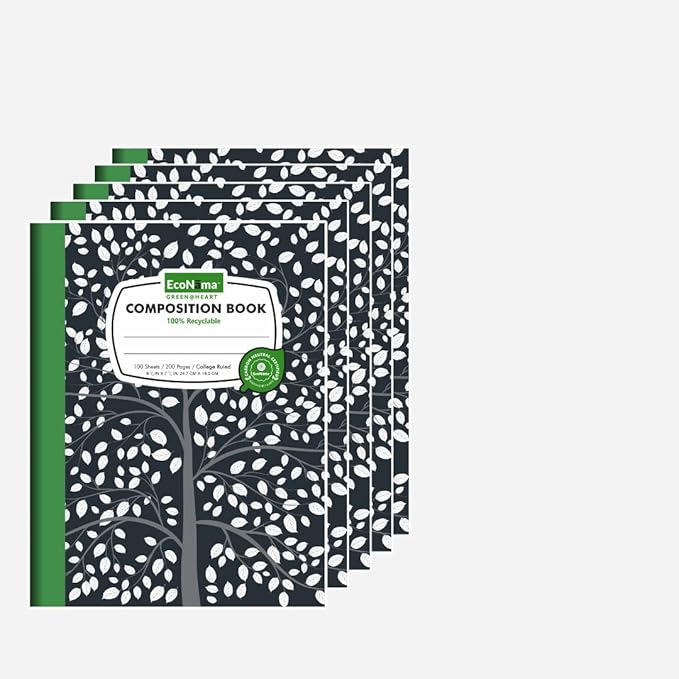 ECONAMA Composition Notebooks Pack of 5 Wide Ruled 200 Pages 9.75"x7.5" Black by Econama
