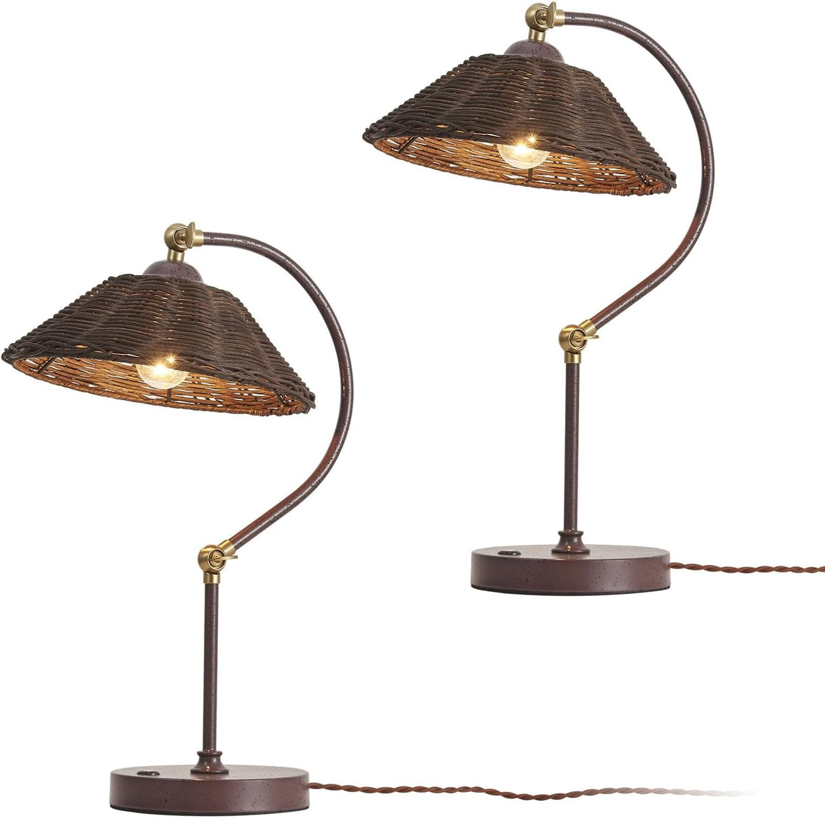 Touch Control Vintage Brown Rattan Table Lamp Set of 2 Adjustable Swing Arm