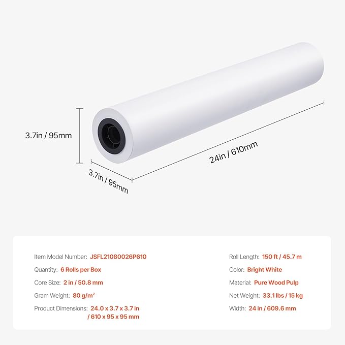 VEVOR 24 in x 150 ft Plotter Paper, 6 Rolls, 20 LB Bond, Architectural D/E - Image 8
