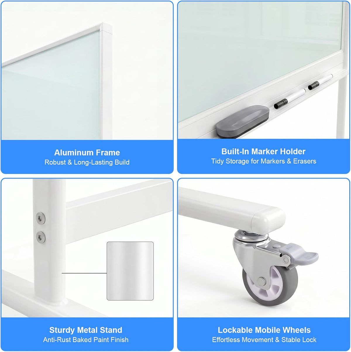 Wingwise Glass Whiteboard, 48 x 30 Inch Standard White with Stand