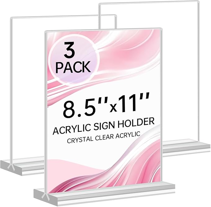 Yeahjiae 3 Pack T-Shaped Acrylic Sign Holder 8.5 x 11, Double Sided Clear Stand by Yeahjiae
