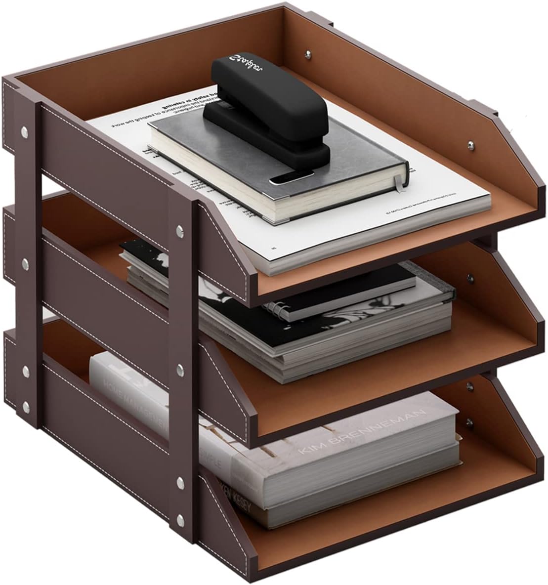 3 Tier Leather Magazine File Holder, Thipoten Paper Tray Organizer Desk Docum...