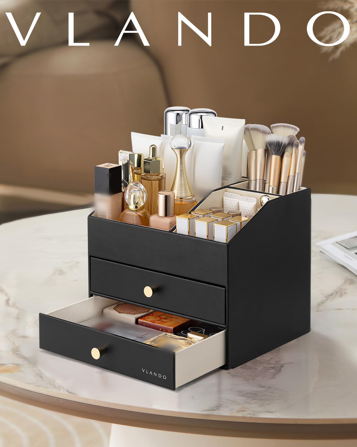 VLANDO 3-Layer Makeup Organizer with 2 Large Drawers for Vanity,Black