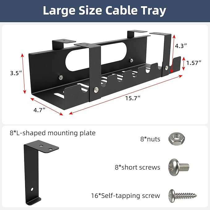 2 Pack Cable Management Under Desk Tray, Adjustable Length Large Cord Organizer - Image 3