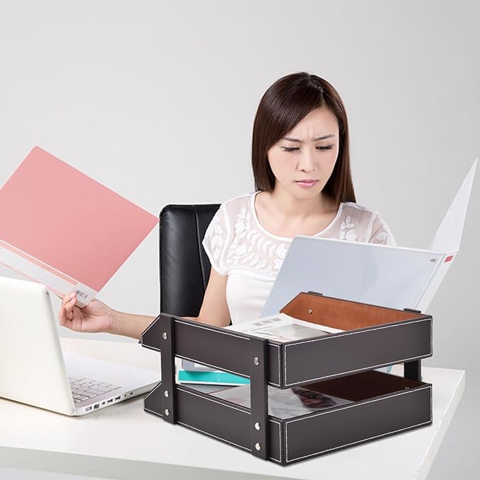 XNONE Leather Desk Organizer, 2-Tier Stackable Letter Tray Holder, Office - Image 3