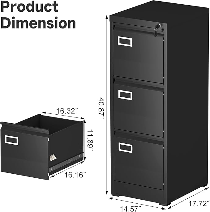 Lockable Vertical Metal File Cabinet 3 Drawer, Steel Filing Cabinet - Image 3