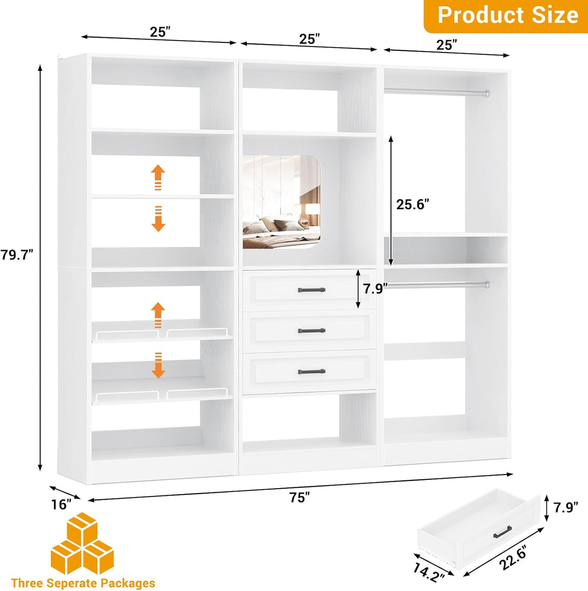 Unikito 75" Modular Closet System with 3 Sets, Mirror & Drawers, White