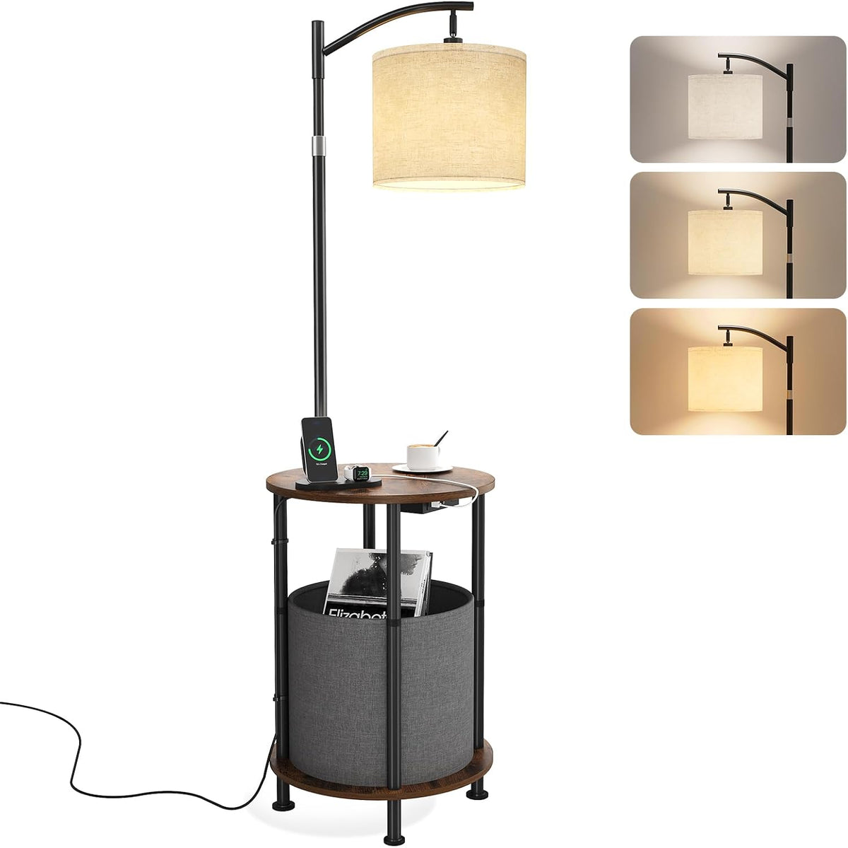 Floor Lamp with Table,Nightstand with Charging Station Living Room