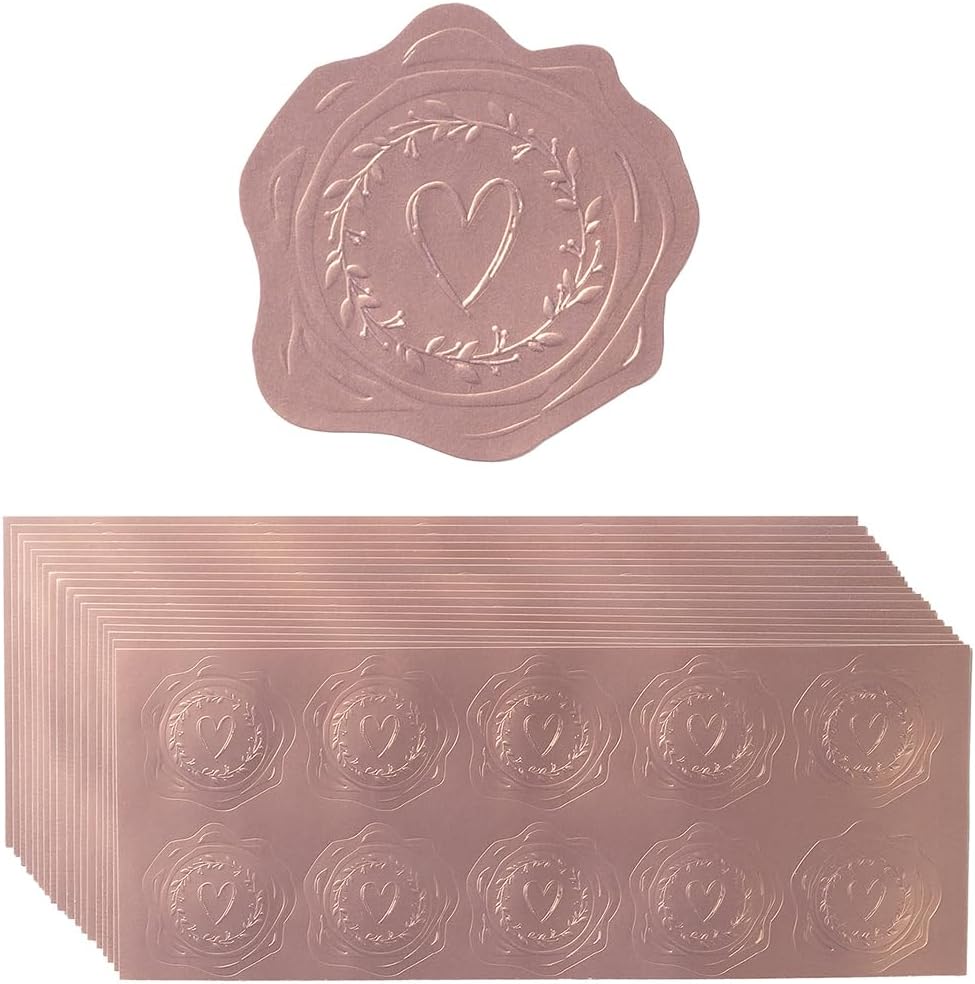 300 Pieces Embossed Gold Foil Stickers, Rose Gold Heart-Love | For Envelopes, Wedding Invitations, Christmas Greeting Cards