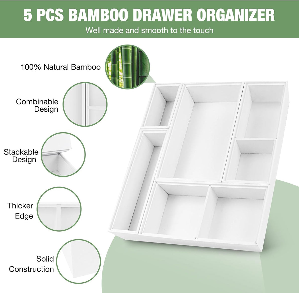Bamboo Drawer Organizer,5 PCS White Bathroom Tray&Desk Organizers and Sto...