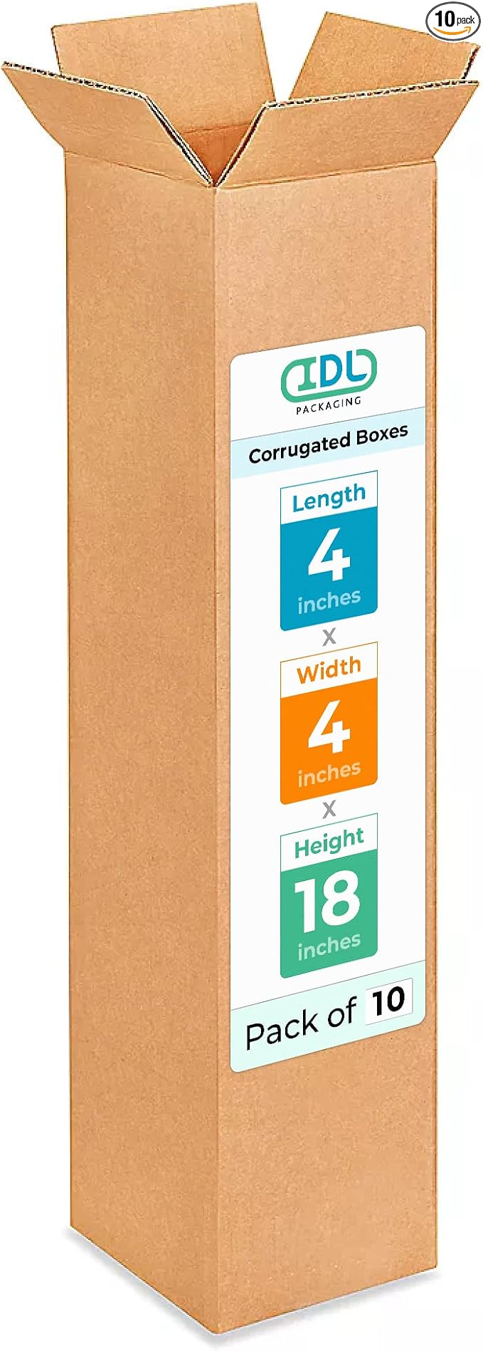 IDL Packaging B-4418-10 Tall Corrugated Shipping Boxes 4"L x 4”W x 18"H by IDLPackaging