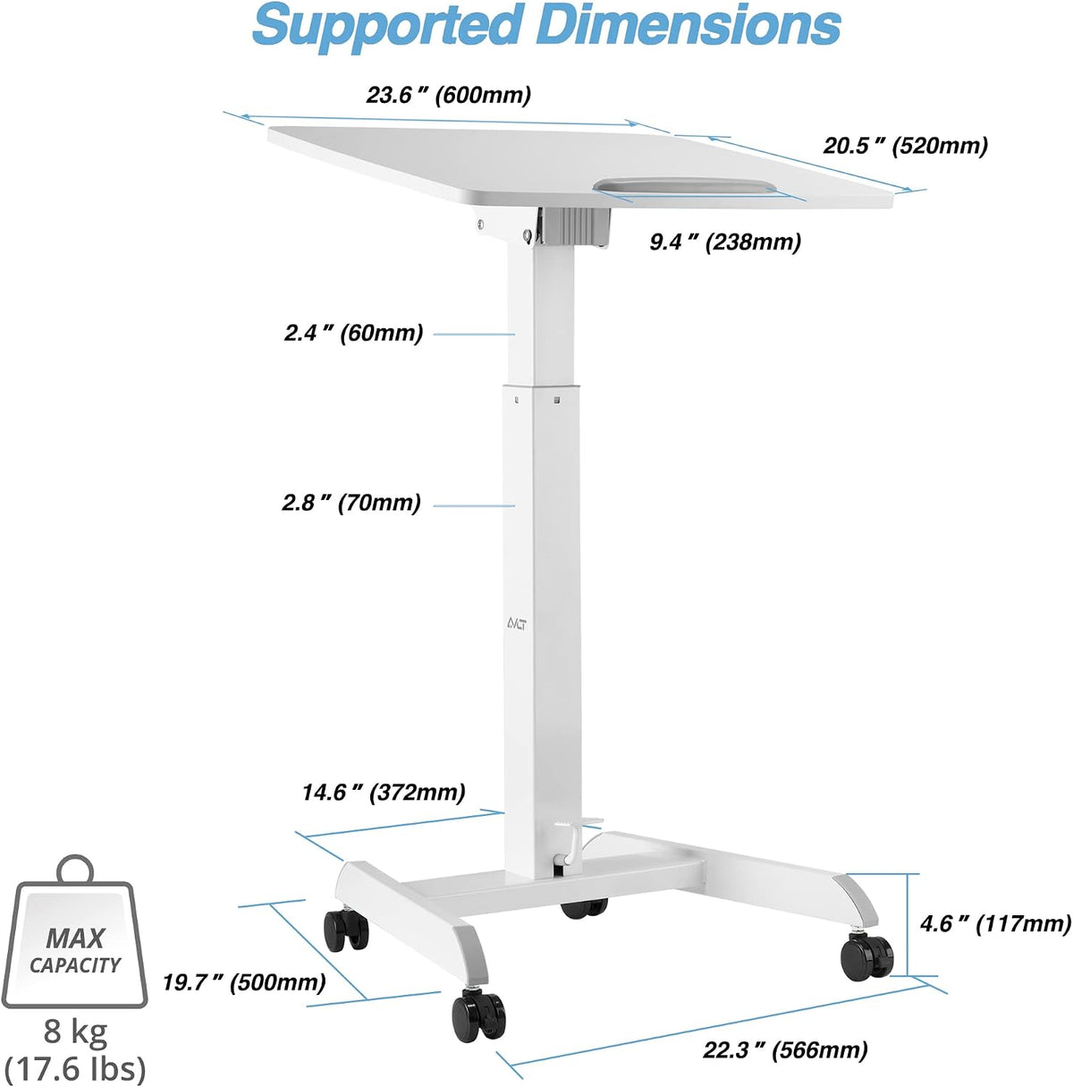 AVLT 47" Height Adjustable Mobile Workstation with Tilting Desk - White
