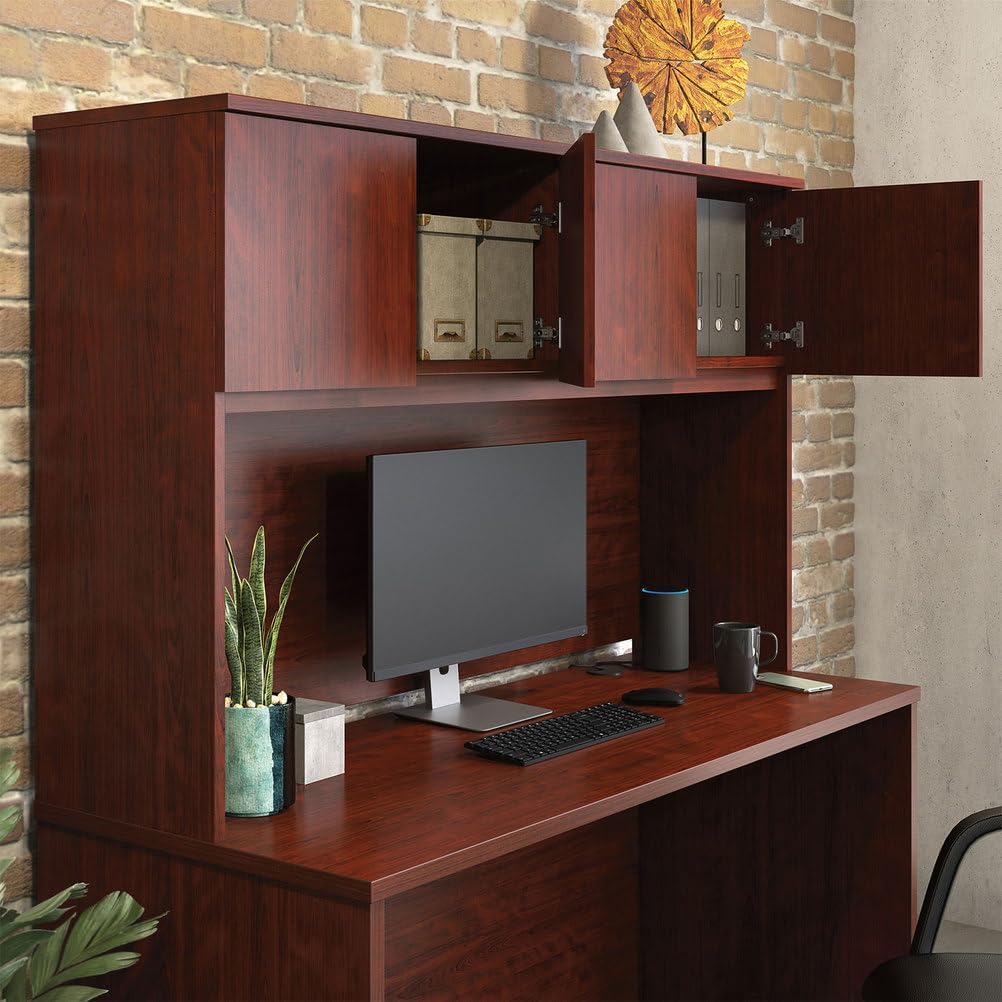 60 Inch Desk Hutch with Storage Cabinets, Office Hutch Organizer for Desk, Wood Desktop Shelf with Doors and Open Workspace for Computer Setup, Modern Brown Finish, Space-Saving Design