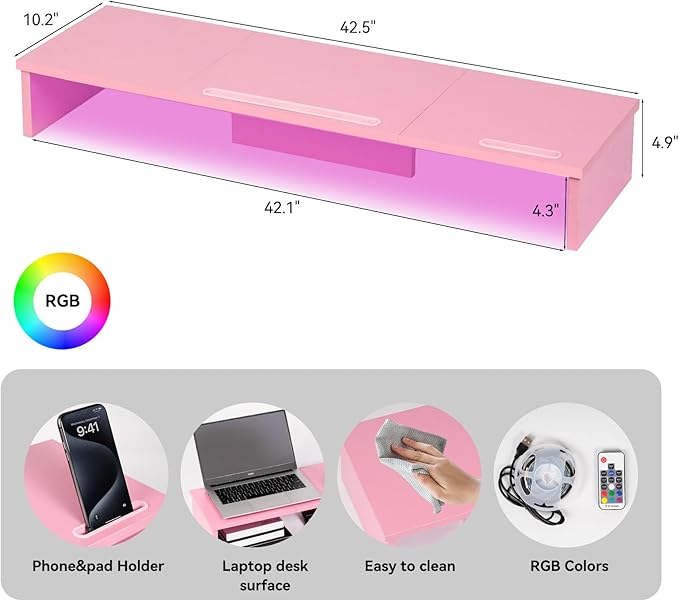 Qupui TV Riser Stand with LED Lights, 42.5in Super Large Monitor Stand with - Image 2