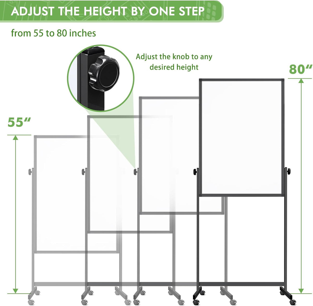Rolling Whiteboard on Wheels 48" x 32" Aluminum Frame (Black)