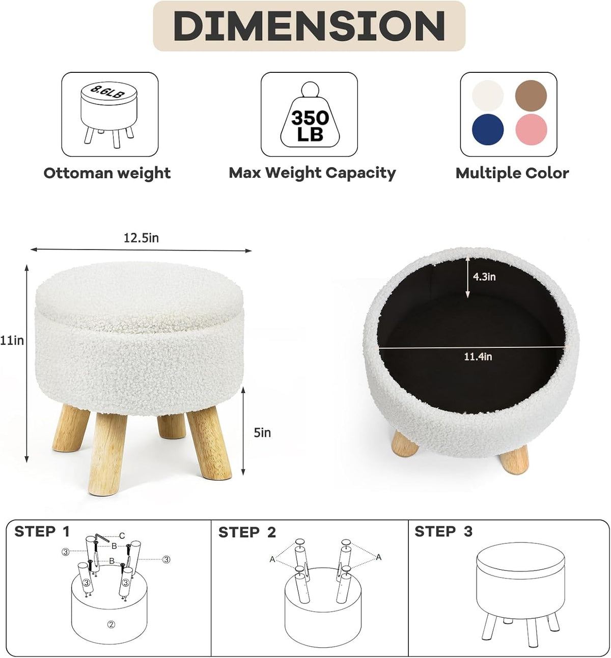 OGEMXU Ottoman Foot Stool, Small Ottoman with Storage,Round Storage Ottoman w...