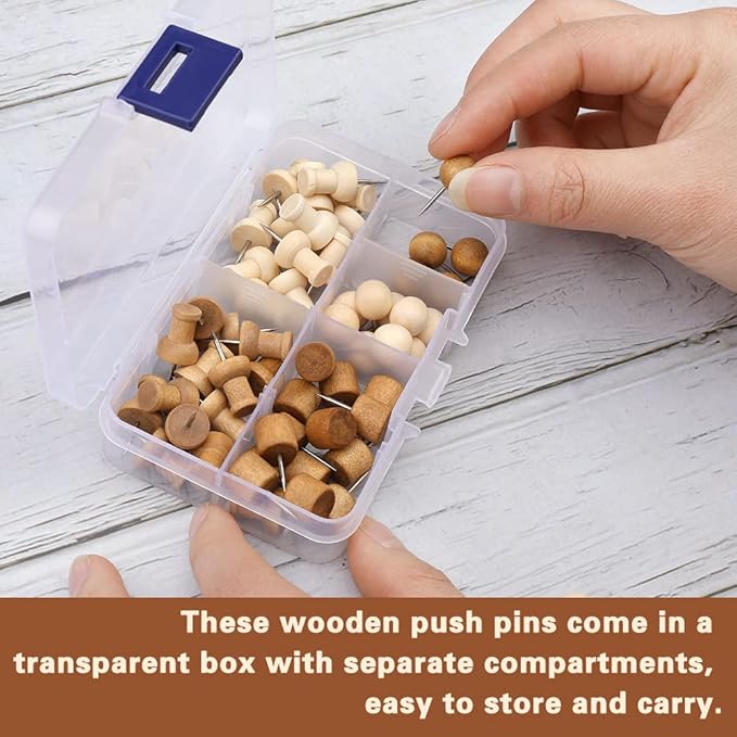 60 Pcs Wood Push Pins, 2 Colors and 5 Types Decorative Thumb Tacks Wooden Head - Image 3