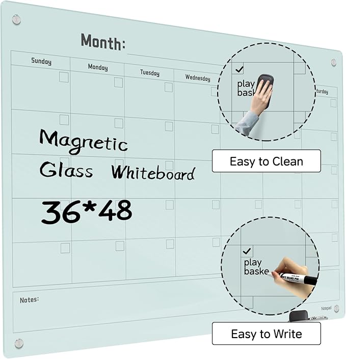 Magnetic Glass Dry Erase Board Calendar- White Board 48 x 36 Inch Wall Mounted - Image 2