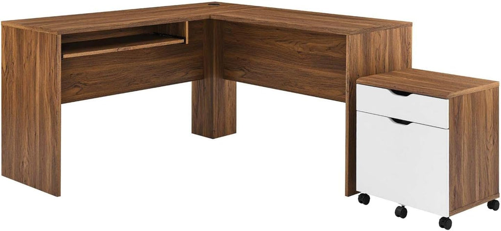 Modway Envision Mid-Century Modern, Desk and File Cabinet Set, Walnut White