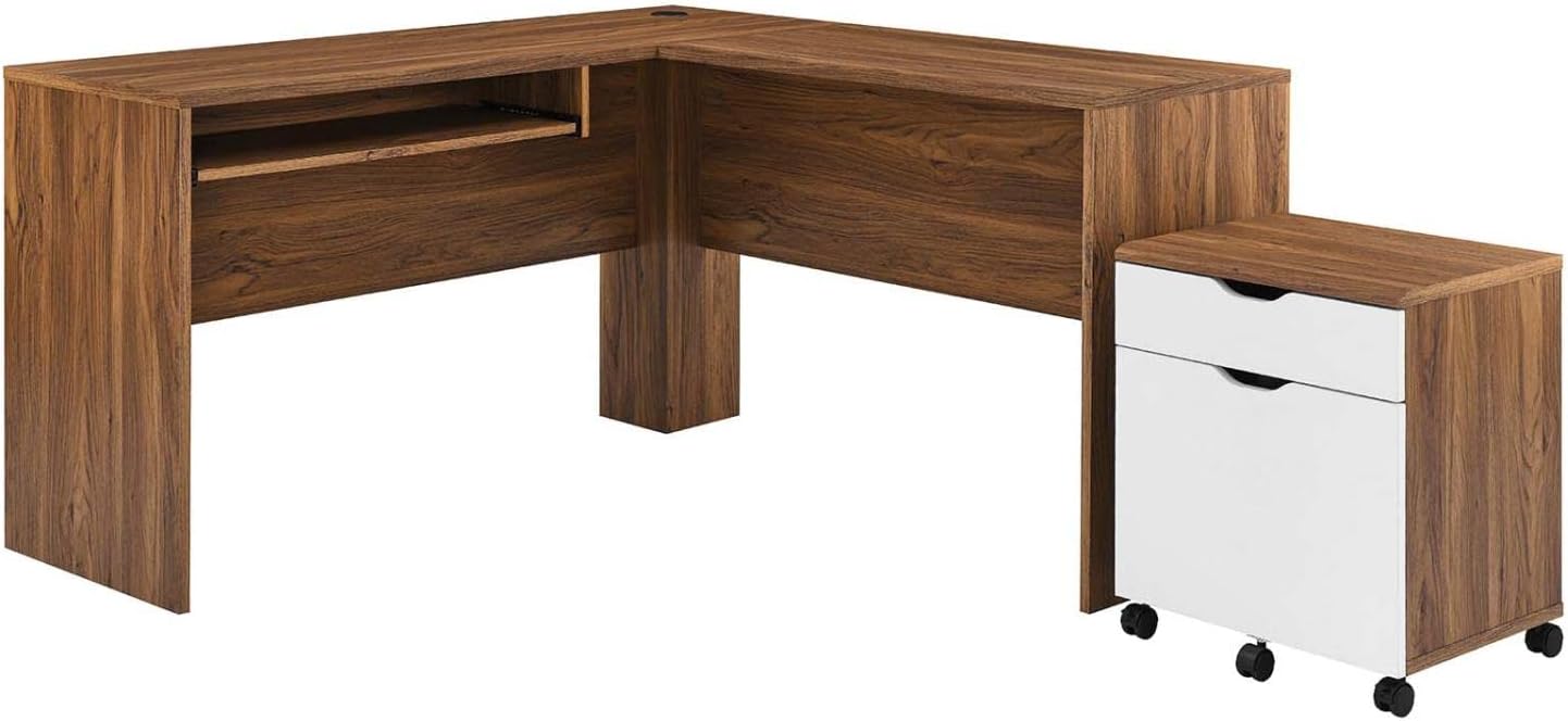 Modway Envision Mid-Century Modern, Desk and File Cabinet Set, Walnut White