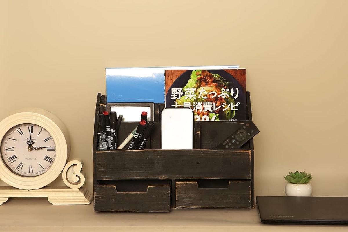 Rustic Black Wooden Desk Organizer