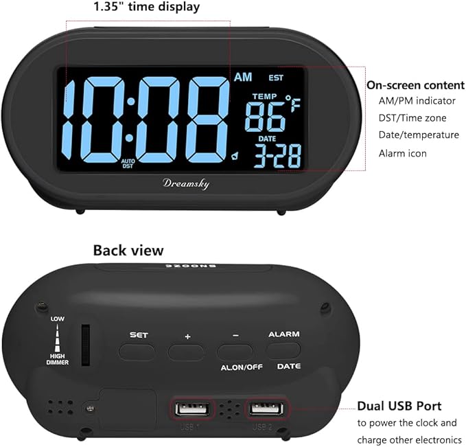 DreamSky Alarm Clocks for Bedrooms, Auto Set Digital Desk Clock for Bedside - Image 8
