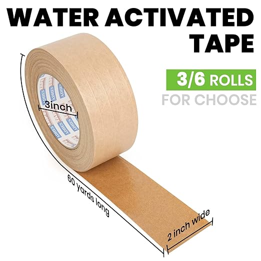 ADHES Water Activated Tape 2" x 55yds, 3 Rolls, Reinforced Kraft Gummed Paper - Image 2