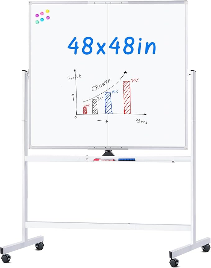 maxtek Rolling Whiteboard, 48x48 Large Magnetic White Board by Maxtek