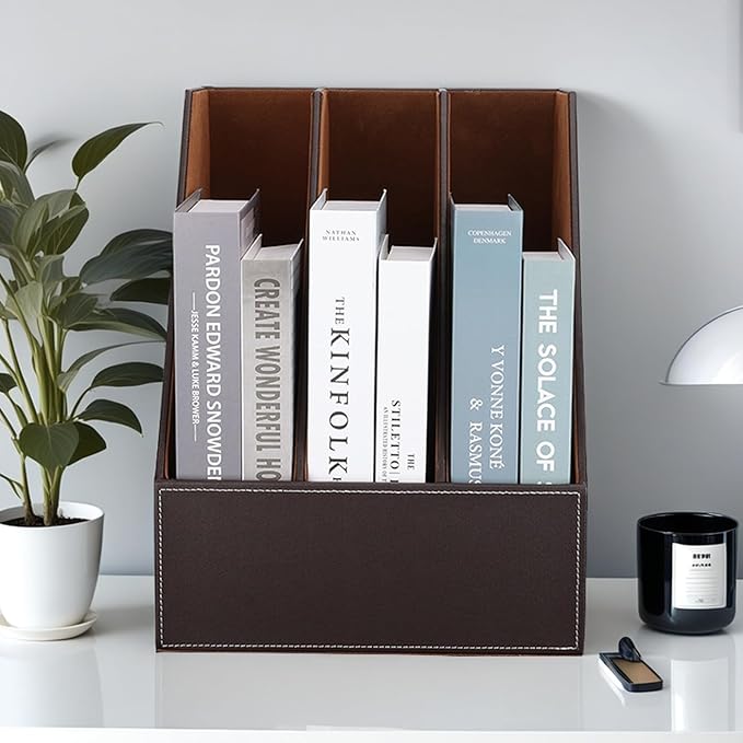 KINGFOM Desktop Wooden Leatherette Magazine File Holder-Organizer-3 Compartment - Image 2