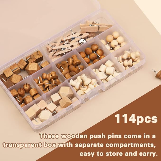 114 Pcs Wood Push Pins, 2 Colors and 7 Types Decorative Thumb Tacks Wooden Head - Image 3