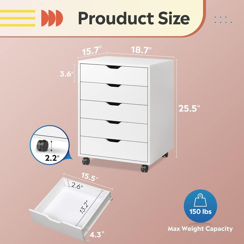 DEVAISE 5-Drawer Filing Cabinet Under Desk, Storage file Cabinet, White | Wood Drawer Unit, Craft Storage Cabinet, Office Rolling Cart, Printer Stand