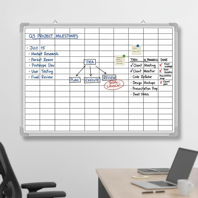 Lined Whiteboard Blank Grid Aluminum Frame Dry Erase Board Reusable Wall - Image 3
