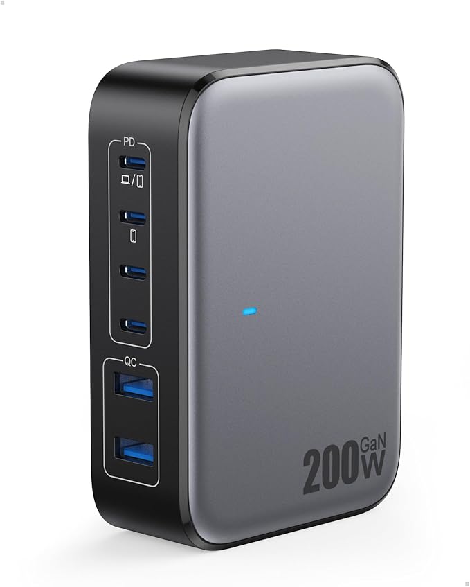 USB C Charger Block 200W with Wall Plug, 6 Ports GaN IV Charging Station Hub by LanLuk