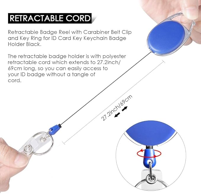 Retractable Badge Holder with Carabiner Reel Clip and Key Ring - Image 4
