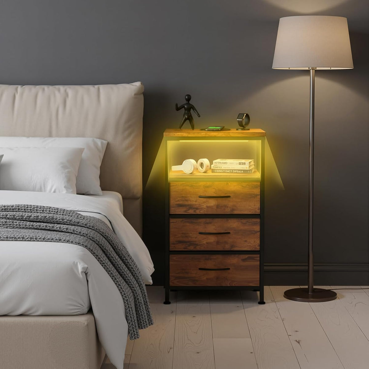 OLIXIS Nightstand with Charging Station, 3 Fabric Drawers Bedside Table